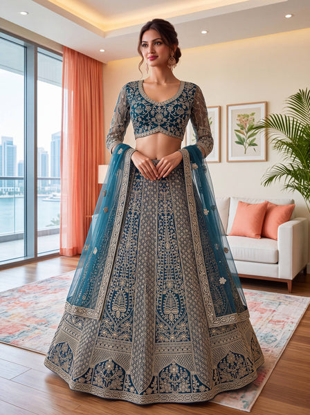 Blue Color Net Wedding Lehenga Choli