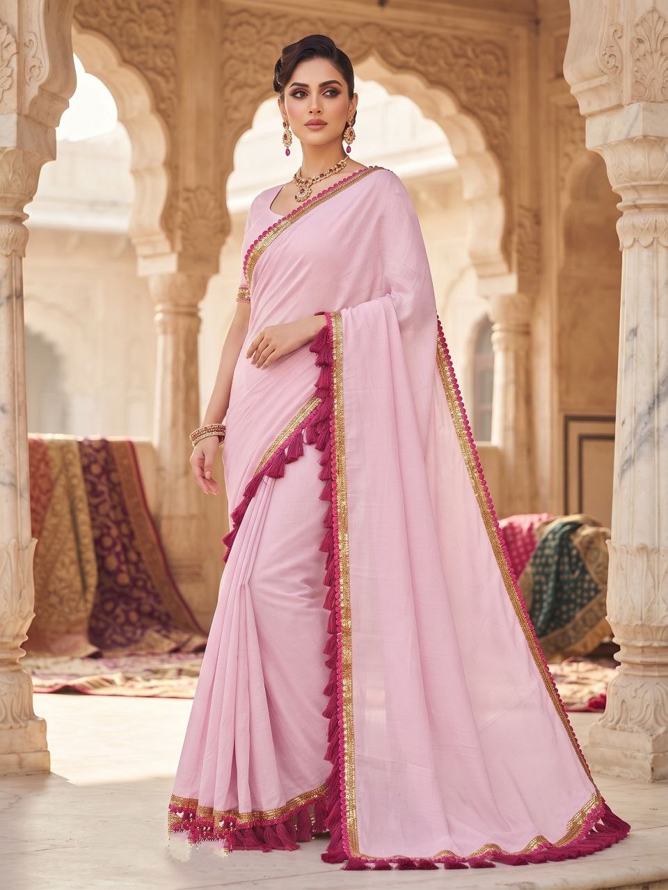 Pink Color Rich Cotton With jalar Saree