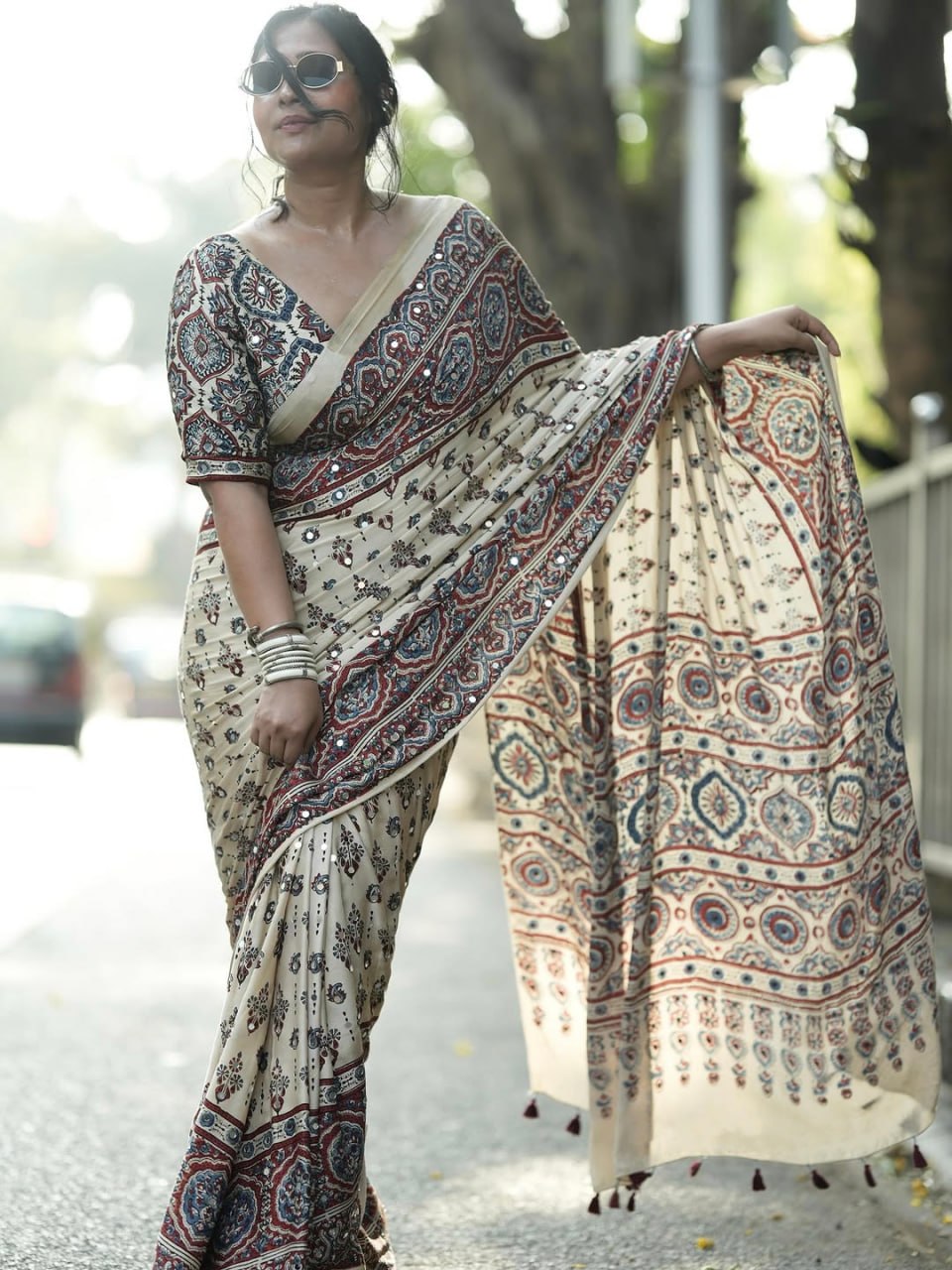 Premium Digital Print Silk Crape Saree with Mirror Work