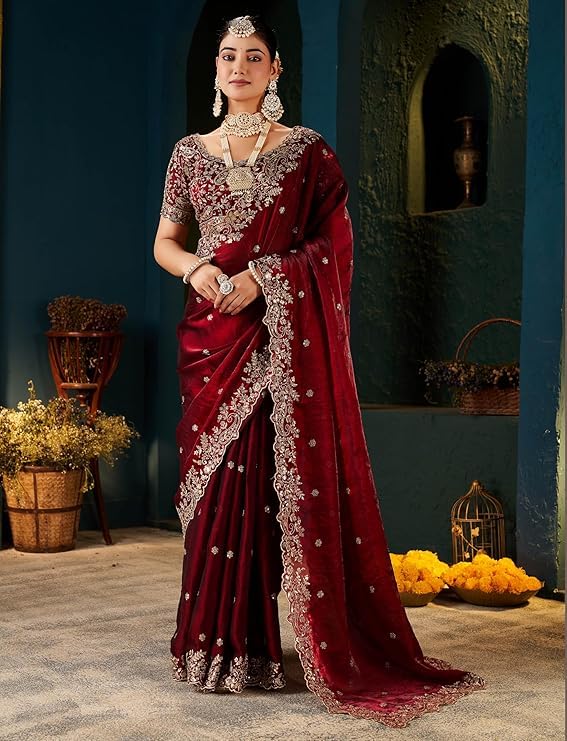 Fendy Satin Silk Embroidered Saree with Cut-Work Pallu and Matching Blouse