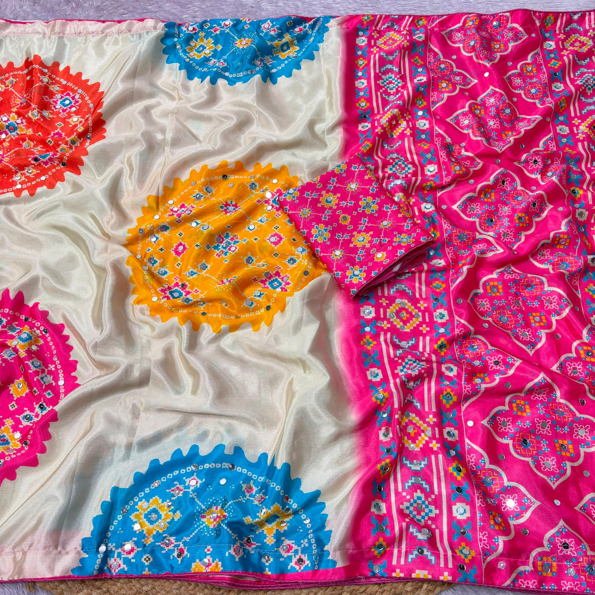 Soft Chinnon Printed Blouse with Real Mirror Work Saree