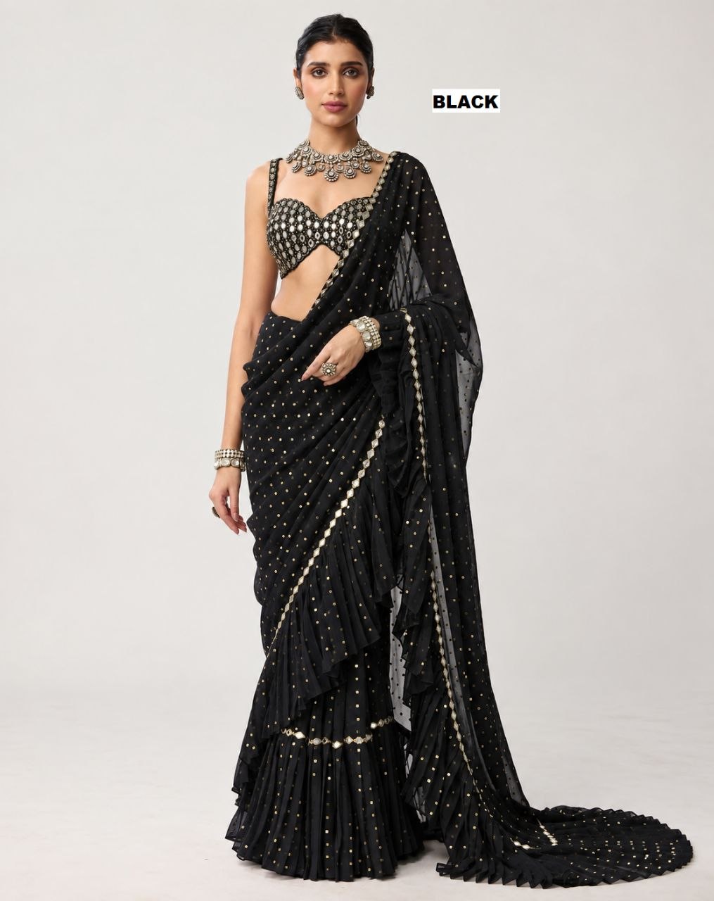 Sequins Faux Georgette Saree with Crush Pleats & Stitched Real Mirror Work Blouse