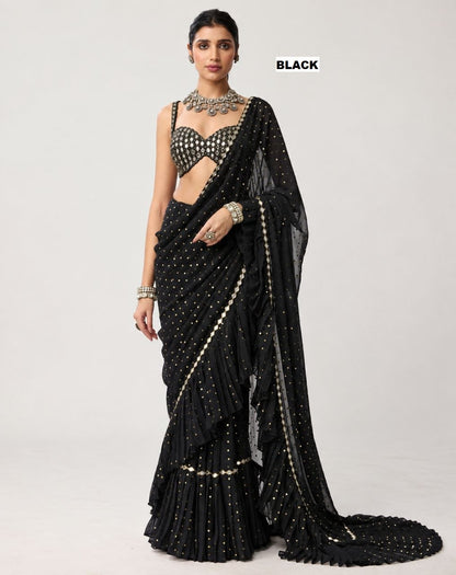 Sequins Faux Georgette Saree with Crush Pleats & Stitched Real Mirror Work Blouse