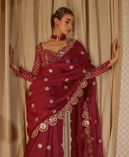 Faux Georgette Saree with 5mm Sequins & Handwork Mirror Lace Border