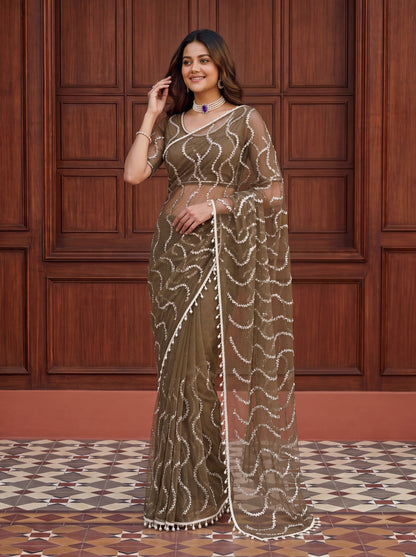 designer Net Embroidered Saree with Beads, Sequins & Pearl Work | Matching Unstitched Blouse