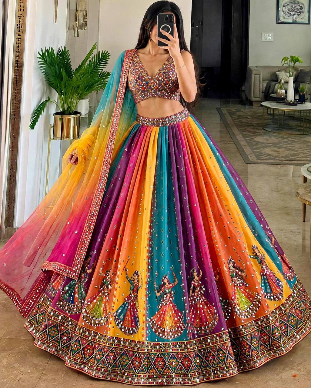 Star Georgette Digital Print & Real Mirror Work Lehenga Choli with Dupatta