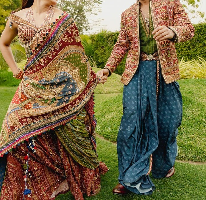 Silk Crepe Printed Saree with Hand Real Mirror Work & Moti Tassels