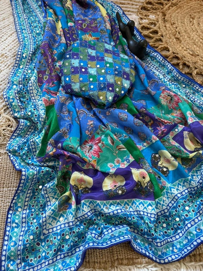 Mirror Work Printed Chinnon Silk Saree with Blouse