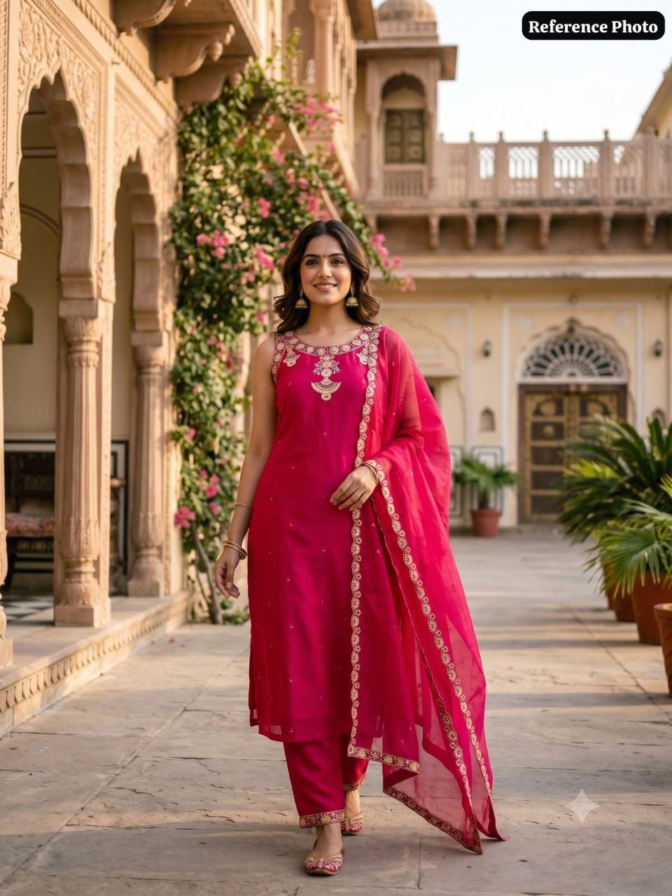 Model wearing pink embroidered kurta set reference photo 1