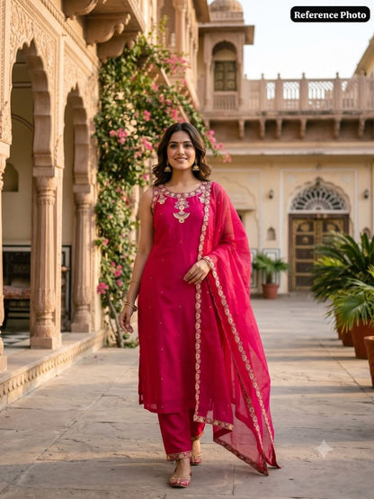Model wearing pink embroidered kurta set reference photo 1