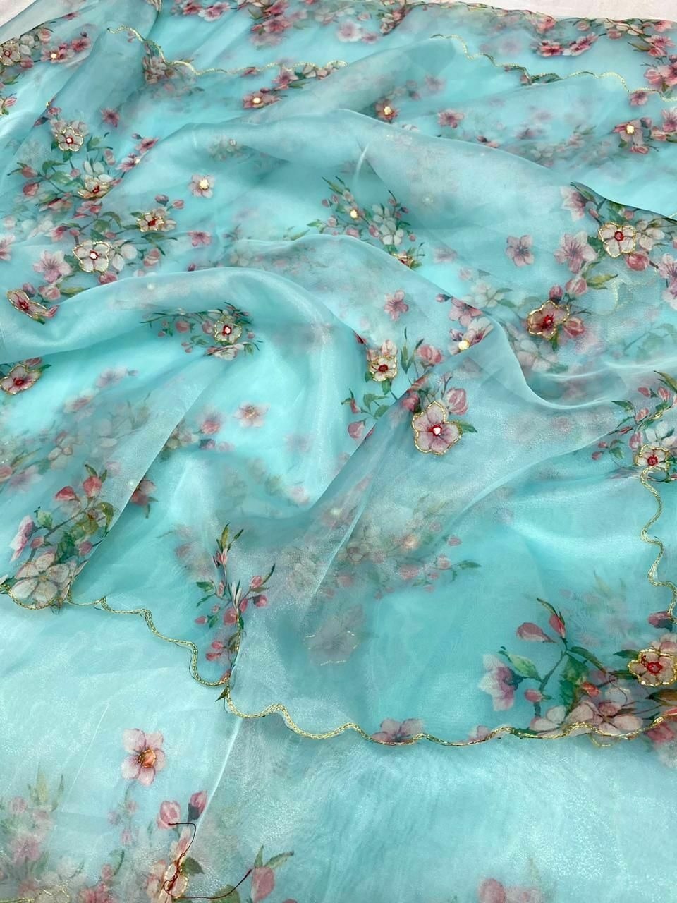 organza silk hand work digital printed saree