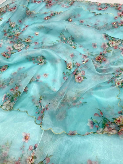 organza silk hand work digital printed saree