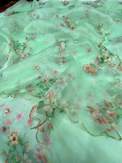 organza silk hand work digital printed saree