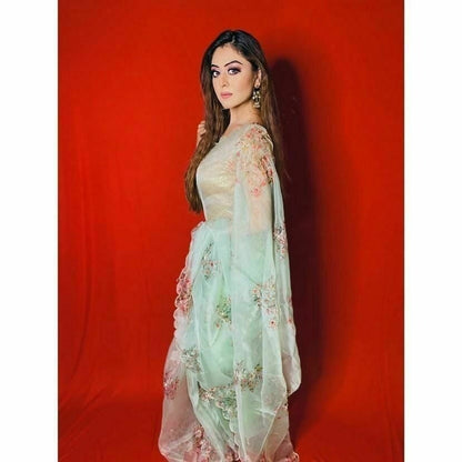 organza silk hand work digital printed saree