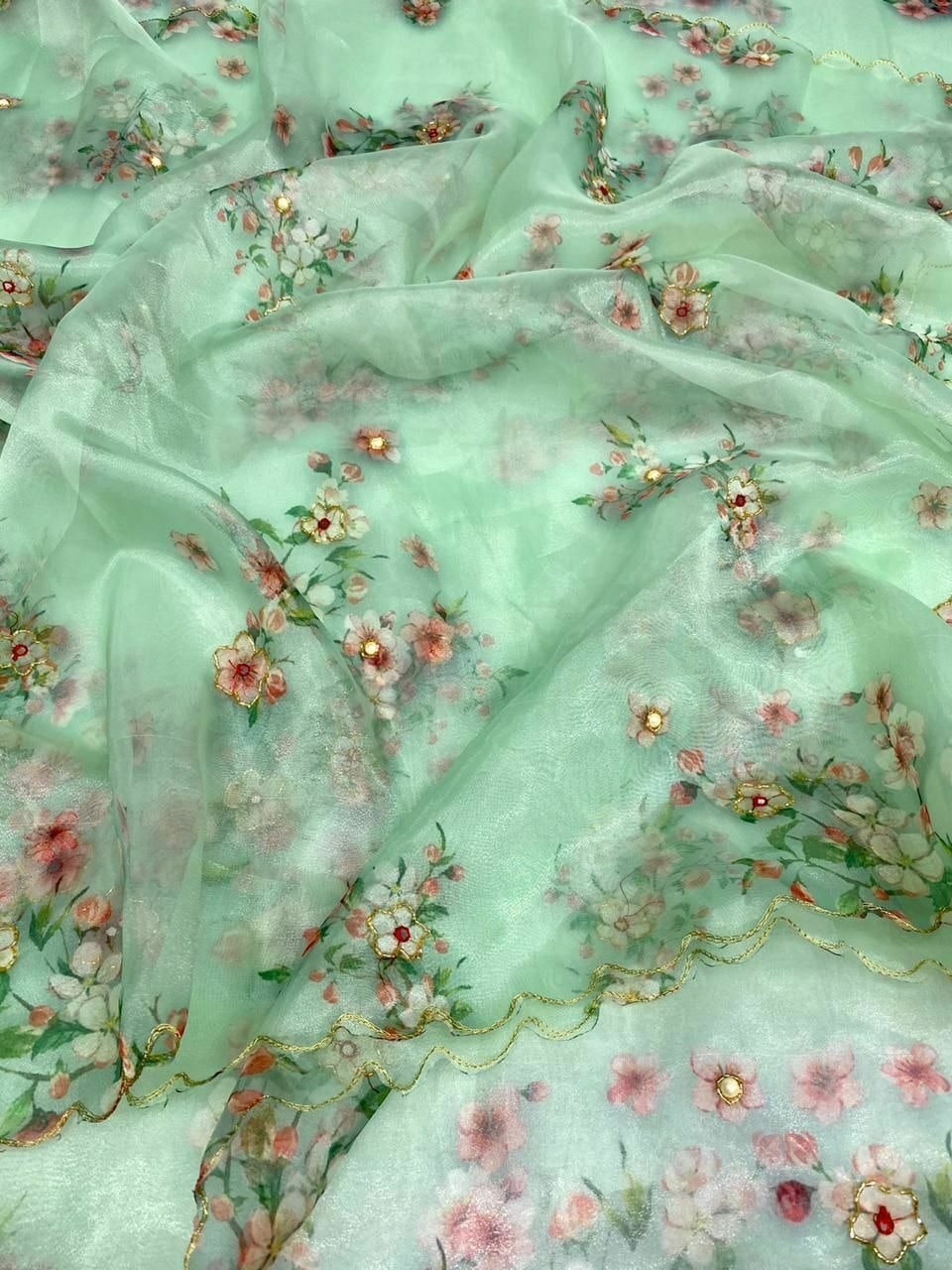 organza silk hand work digital printed saree