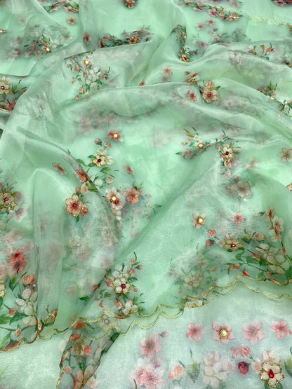 organza silk hand work digital printed saree