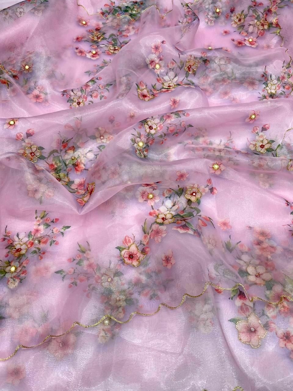organza silk hand work digital printed saree