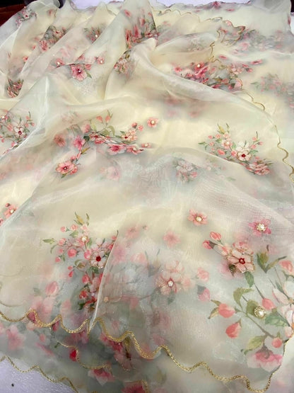 organza silk hand work digital printed saree