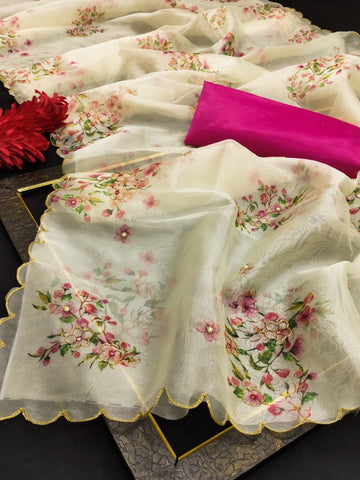 organza silk hand work digital printed saree