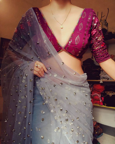 latest soft net saree with embroidery blouse