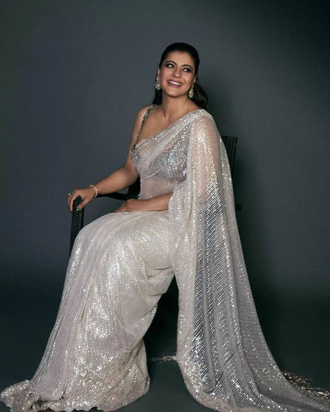White kajol net designer saree with blouse