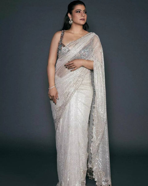 White kajol net designer saree with blouse