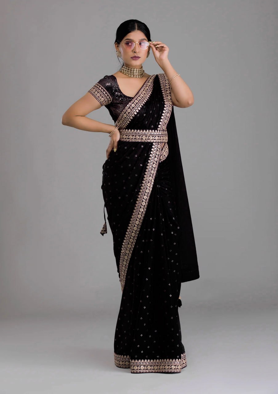 Chinnon Silk Embroidery Foil work saree with blouse with Belt