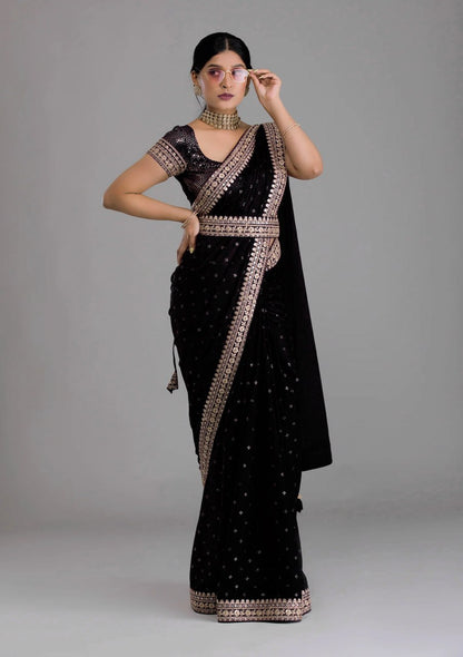Chinnon Silk Embroidery Foil work saree with blouse with Belt