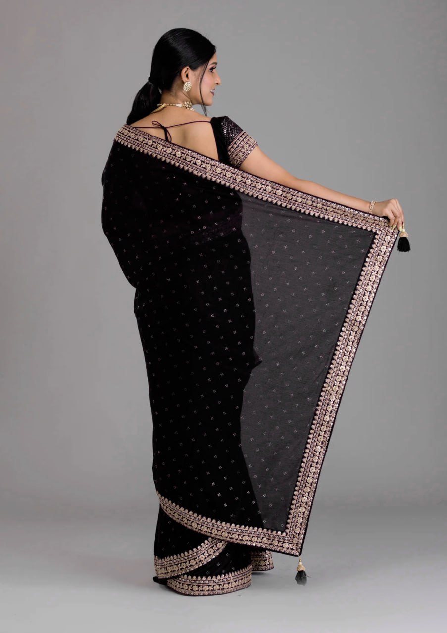 Chinnon Silk Embroidery Foil work saree with blouse with Belt