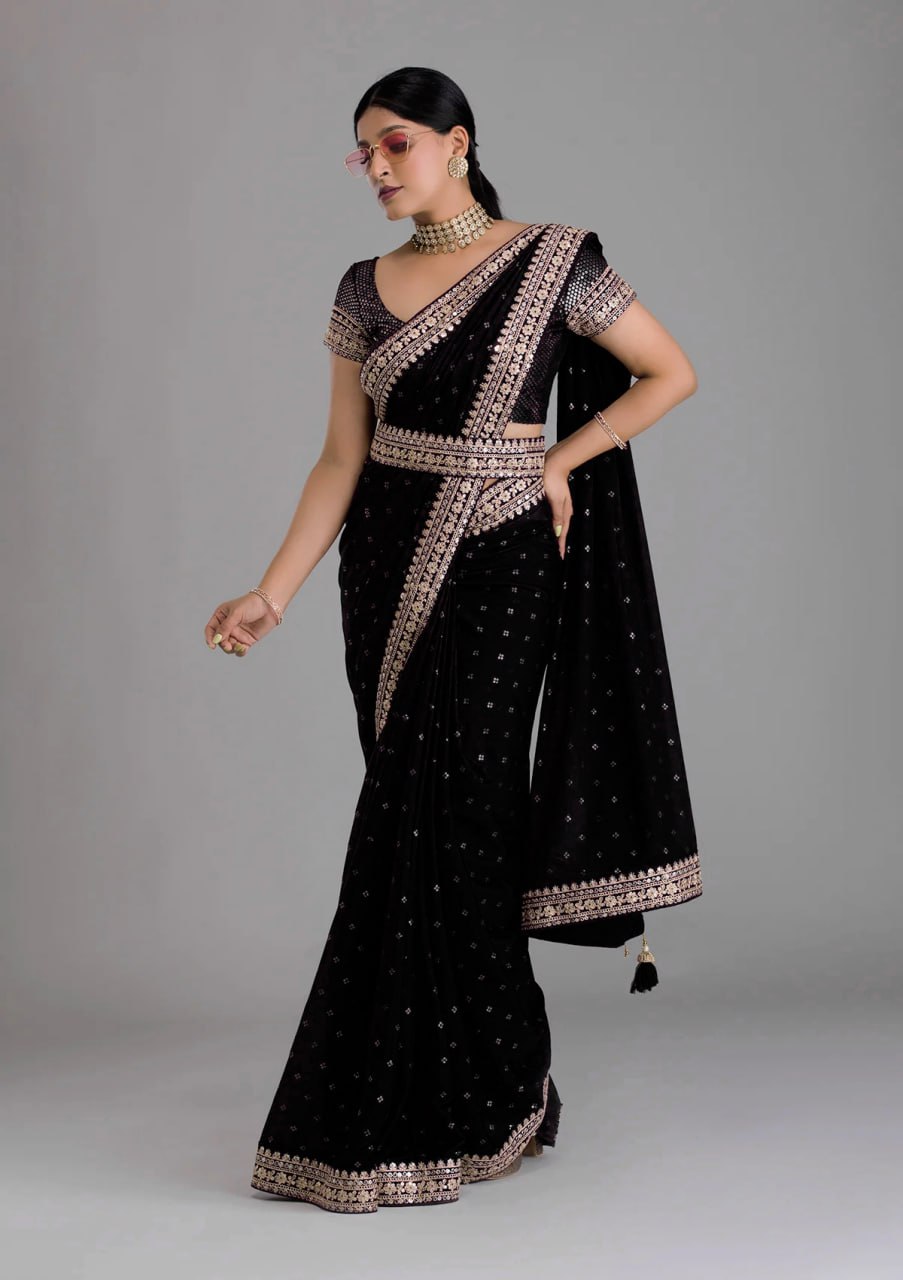 Chinnon Silk Embroidery Foil work saree with blouse with Belt