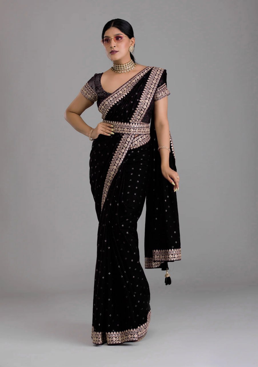 Chinnon Silk Embroidery Foil work saree with blouse with Belt