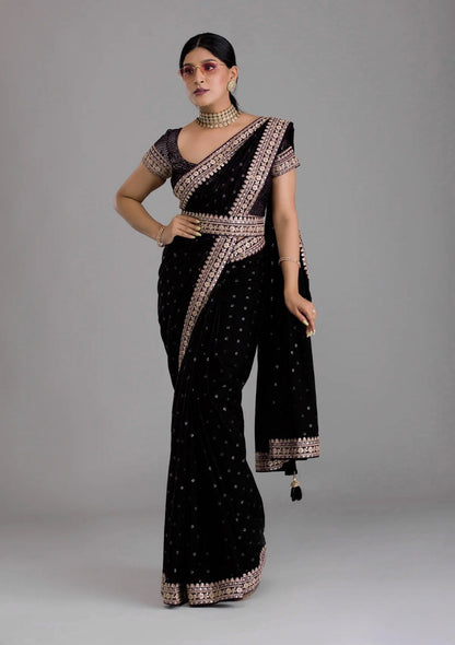 Chinnon Silk Embroidery Foil work saree with blouse with Belt