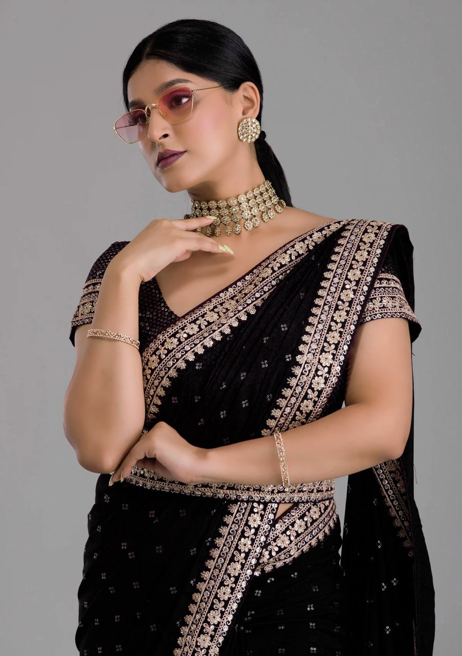 Chinnon Silk Embroidery Foil work saree with blouse with Belt