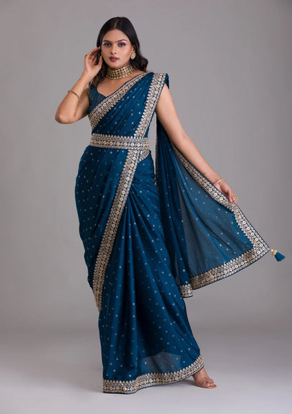 Chinnon Silk Embroidery Foil work saree with blouse with Belt