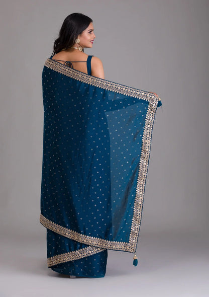 Chinnon Silk Embroidery Foil work saree with blouse with Belt