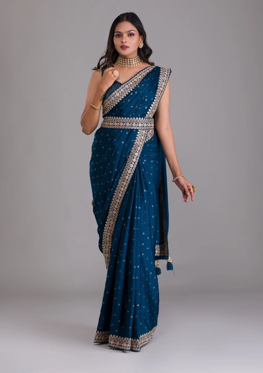 Chinnon Silk Embroidery Foil work saree with blouse with Belt
