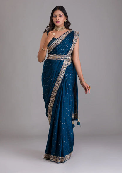 Chinnon Silk Embroidery Foil work saree with blouse with Belt