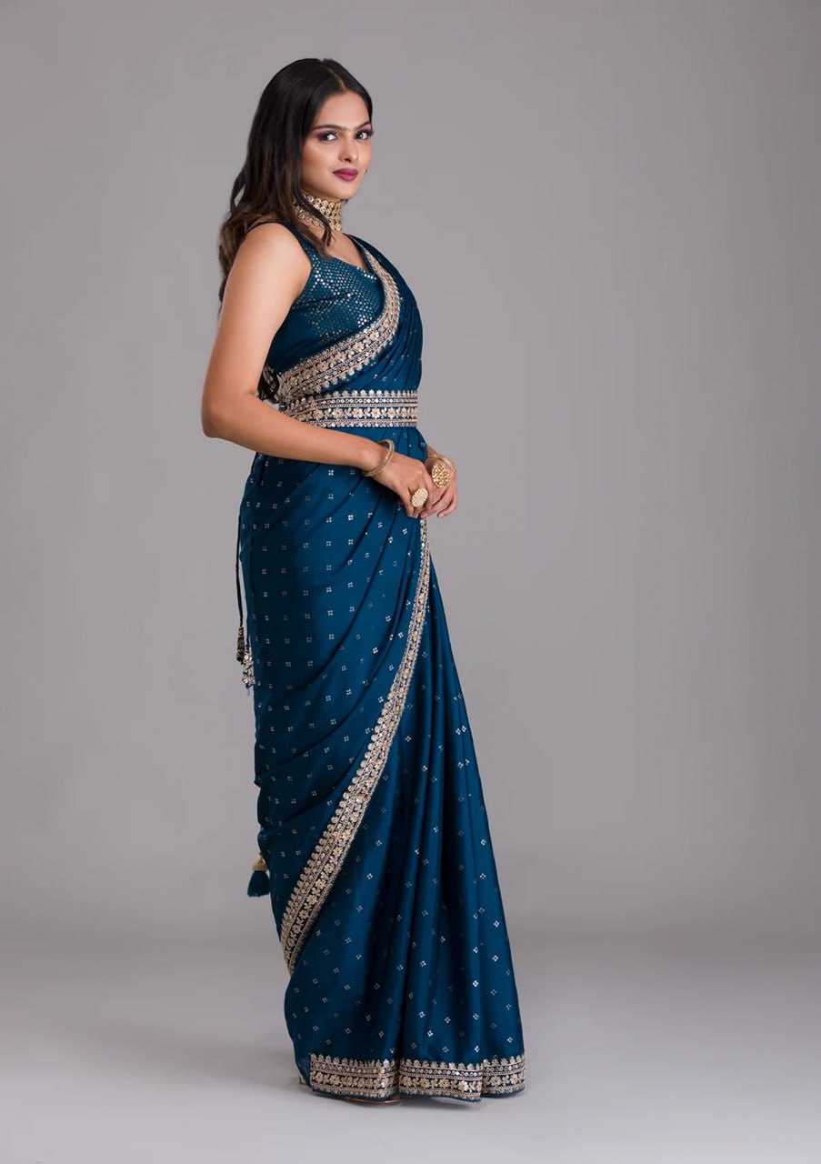 Chinnon Silk Embroidery Foil work saree with blouse with Belt