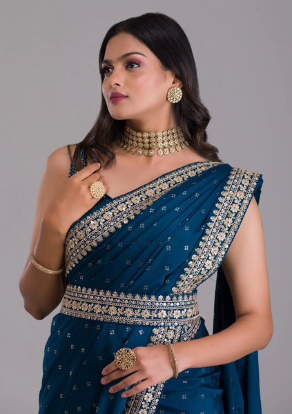 Chinnon Silk Embroidery Foil work saree with blouse with Belt