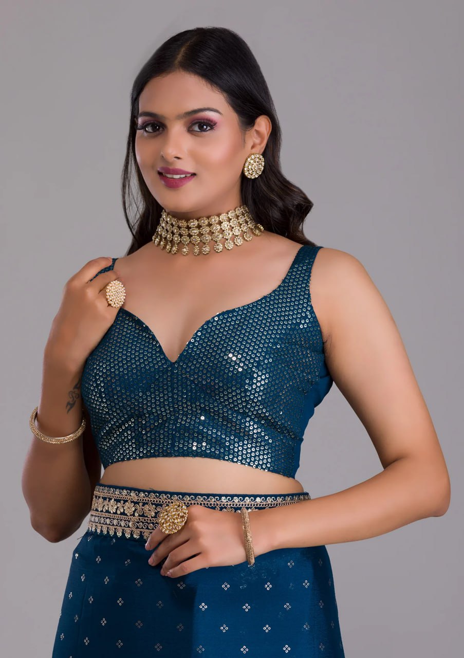 Chinnon Silk Embroidery Foil work saree with blouse with Belt