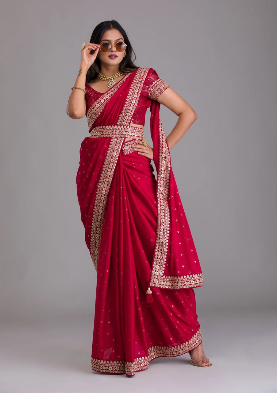 Chinnon Silk Embroidery Foil work saree with blouse with Belt