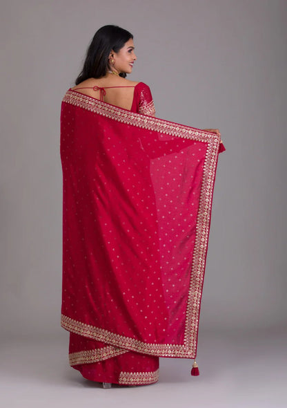 Chinnon Silk Embroidery Foil work saree with blouse with Belt