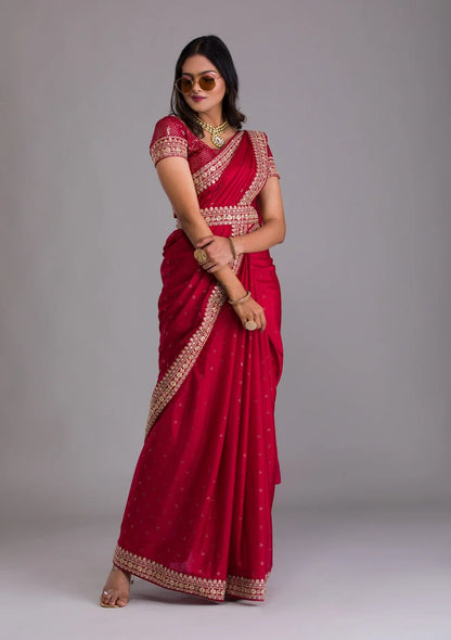 Chinnon Silk Embroidery Foil work saree with blouse with Belt