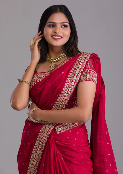 Chinnon Silk Embroidery Foil work saree with blouse with Belt