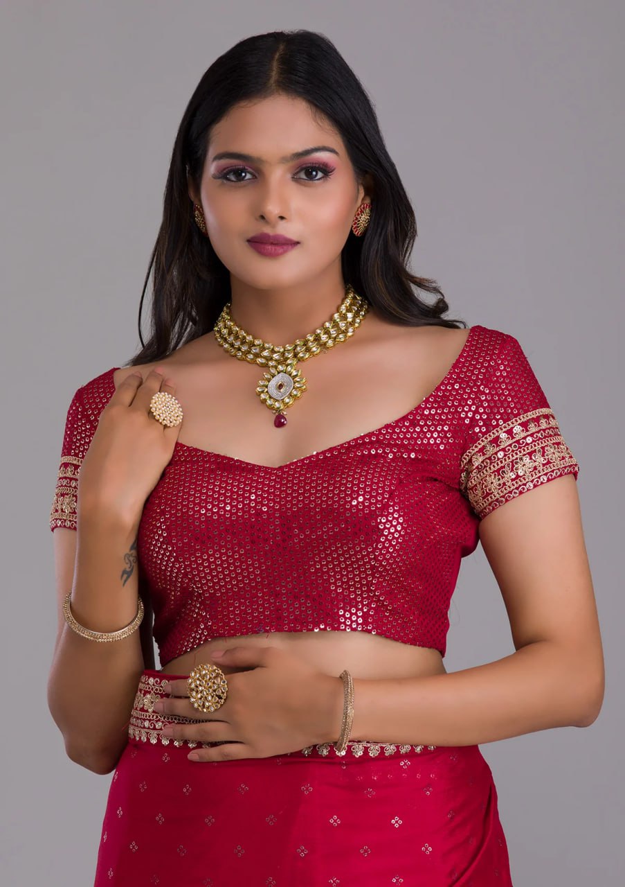Chinnon Silk Embroidery Foil work saree with blouse with Belt