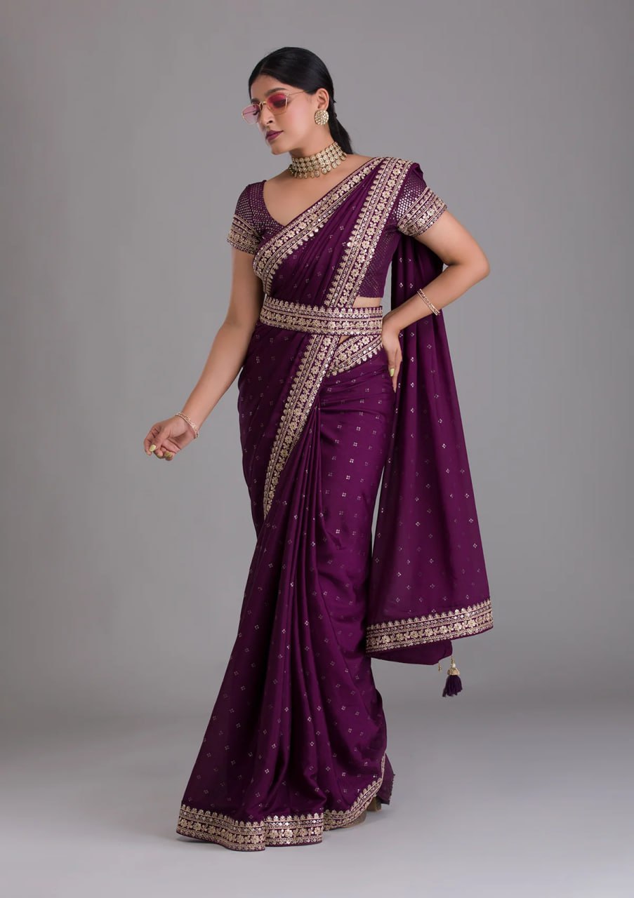 Chinnon Silk Embroidery Foil work saree with blouse with Belt