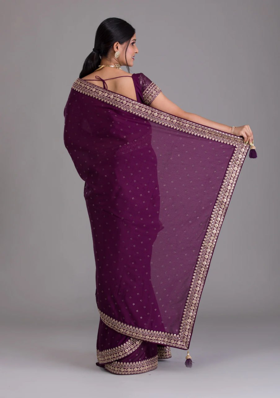 Chinnon Silk Embroidery Foil work saree with blouse with Belt