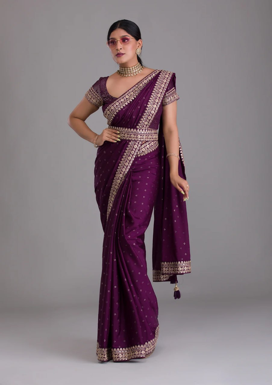 Chinnon Silk Embroidery Foil work saree with blouse with Belt