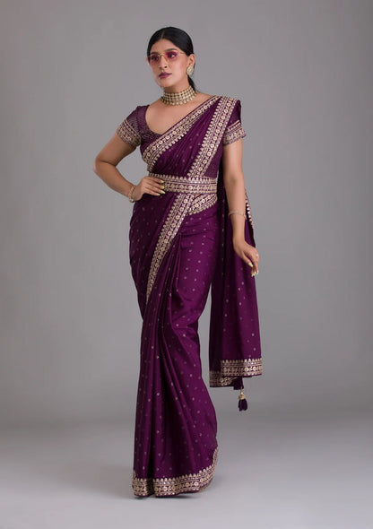Chinnon Silk Embroidery Foil work saree with blouse with Belt