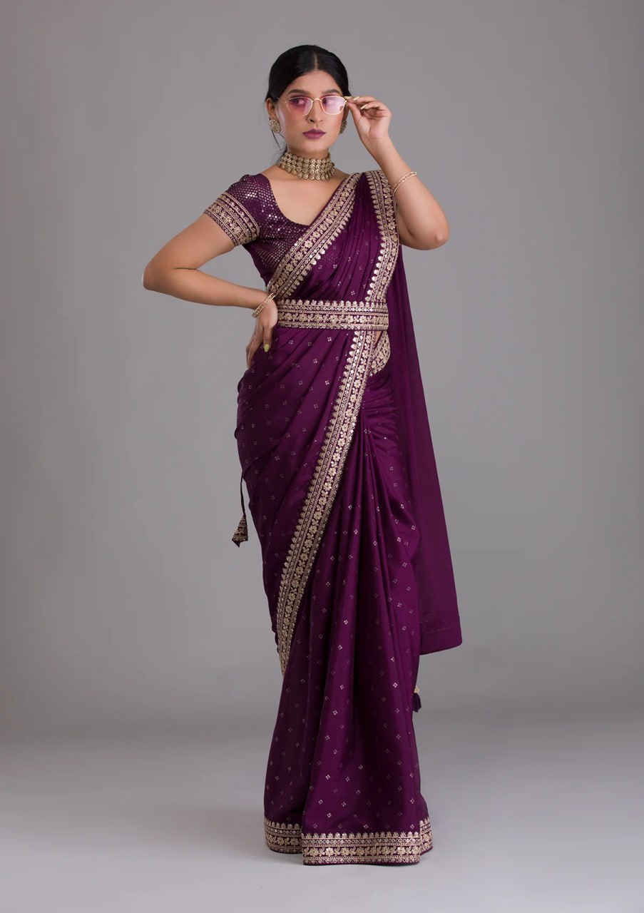 Chinnon Silk Embroidery Foil work saree with blouse with Belt
